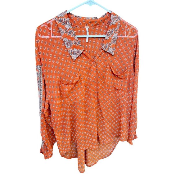 Free People Women's Orange Paisley Long Sleeve Blouse Size Small - Picture 2 of 16